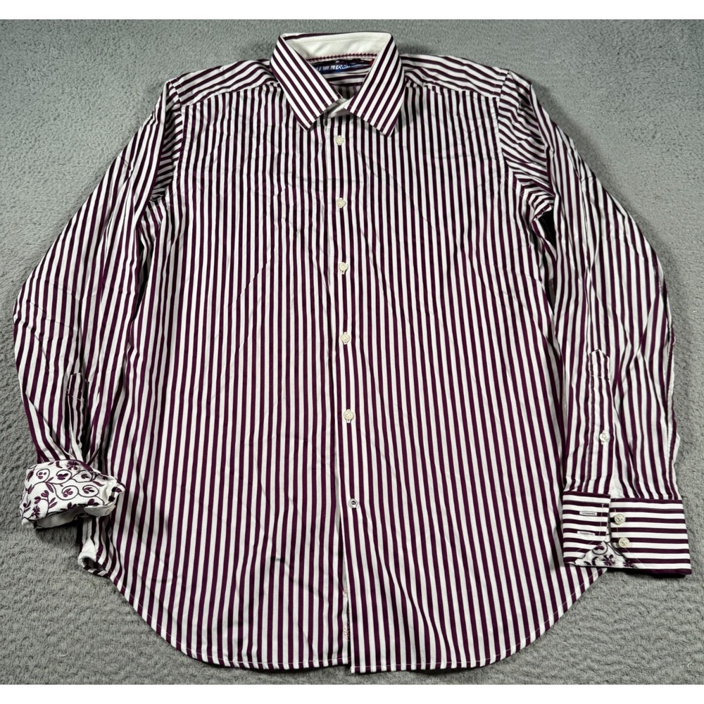 Robert Graham Shirt Men 18 M/L Purple White Striped Long Sleeve Flip Cuff Casual